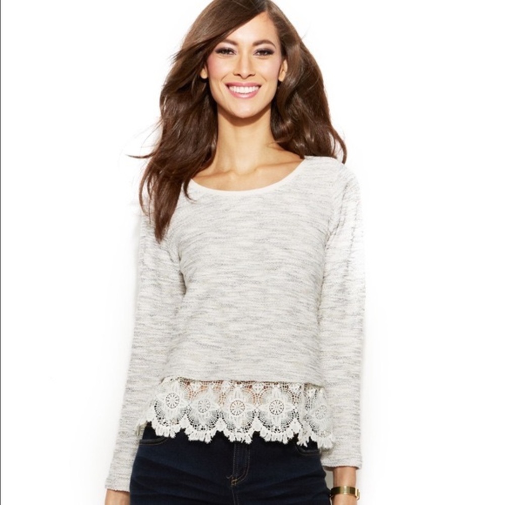Grey sweater with lace trim